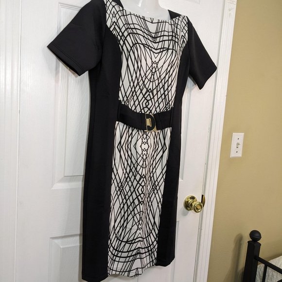 Marisa Kenson Black White Geometric Color Block Stretch Midi Dress - size S NWT - Picture 6 of 9